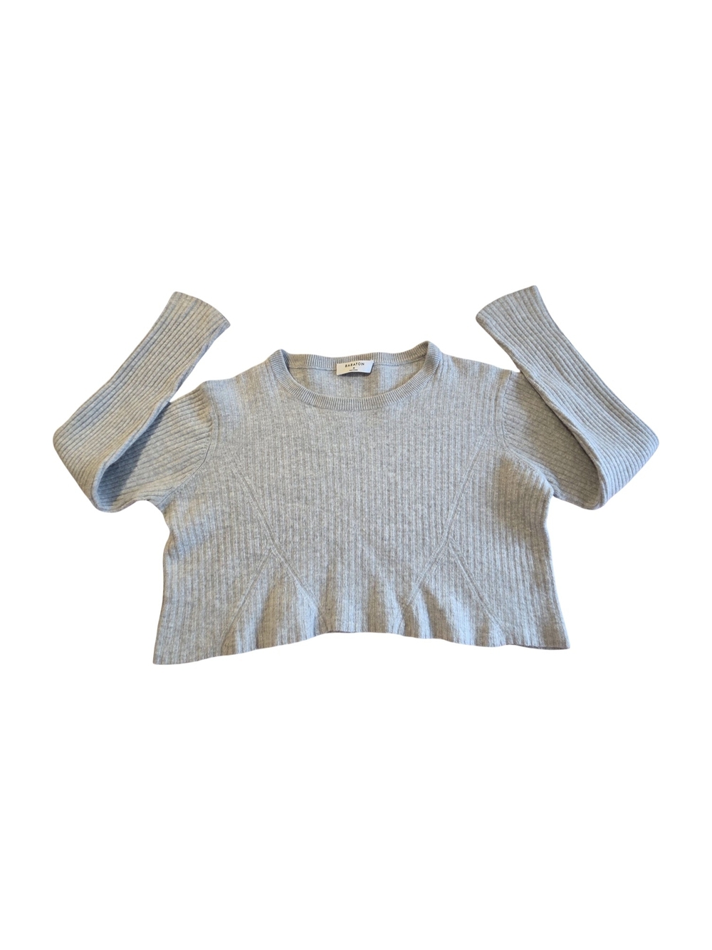 Babaton Light Gray Ribbed Cropped Crewneck Sweater